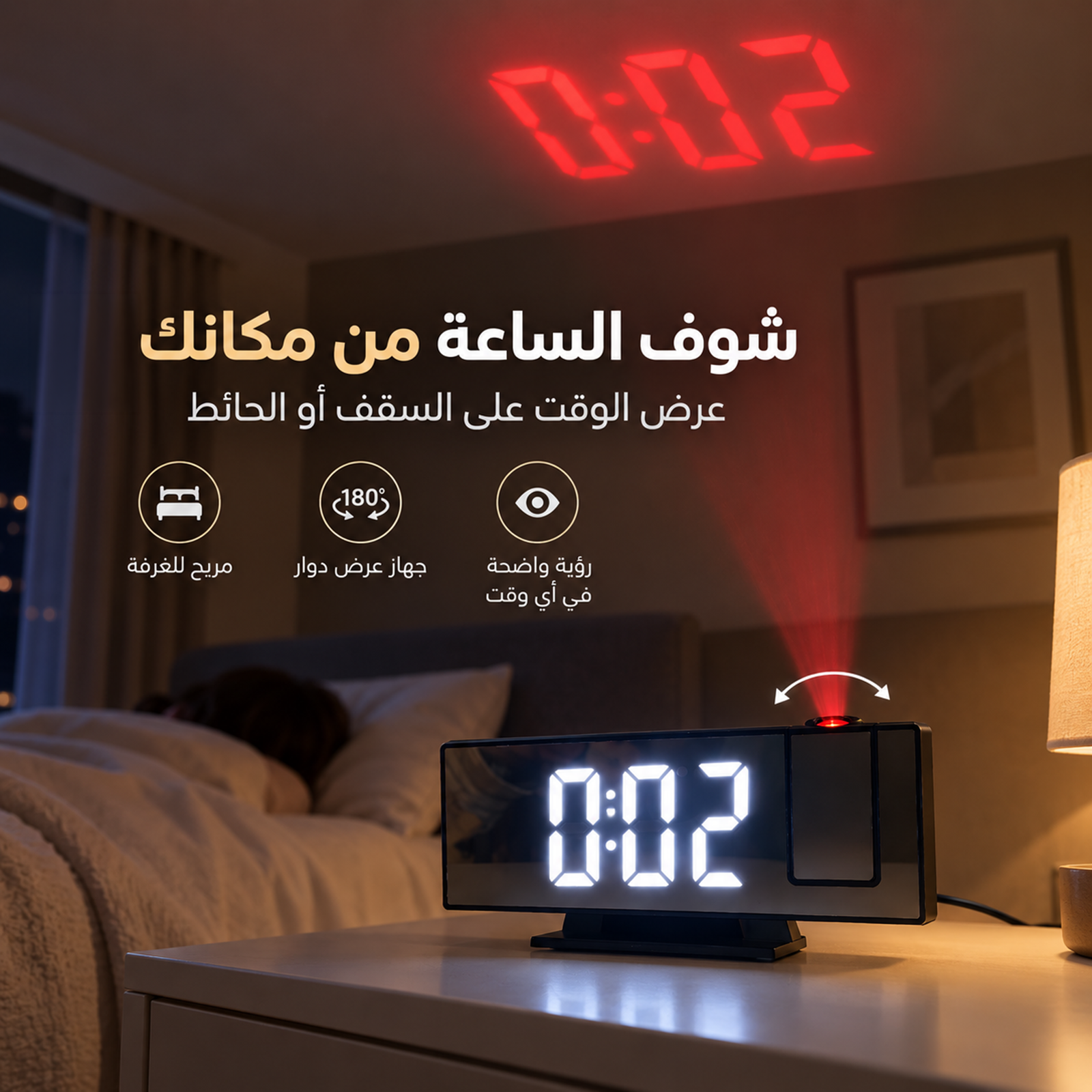 ساعات منبه رقمية للغرف مع شاشة LED كبيرة وجهاز عرض دوار وخمسة مستويات إضاءة وشاحن USB وبطارية احتياطية - الصورة 4