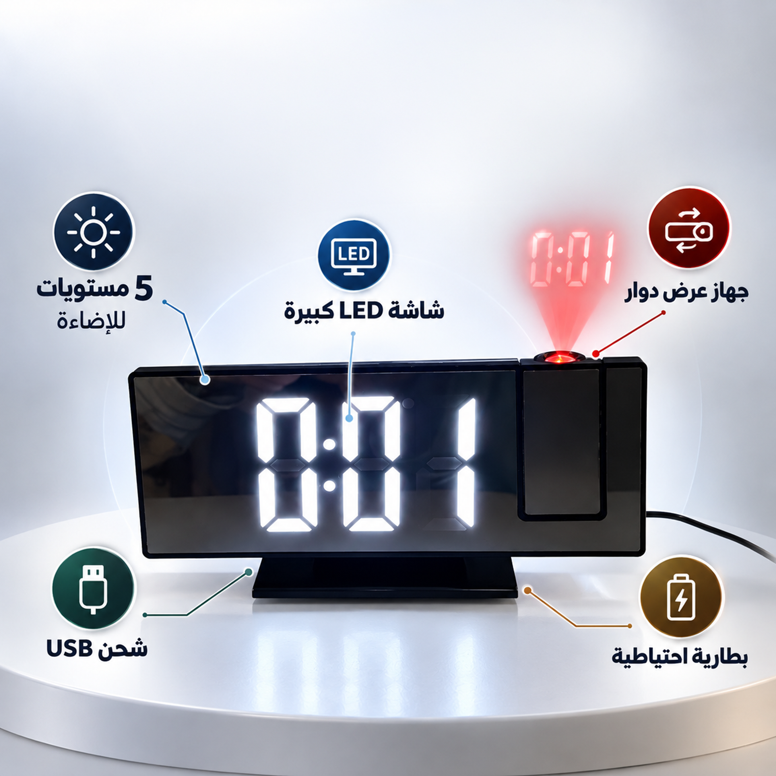 ساعات منبه رقمية للغرف مع شاشة LED كبيرة وجهاز عرض دوار وخمسة مستويات إضاءة وشاحن USB وبطارية احتياطية - الصورة 6